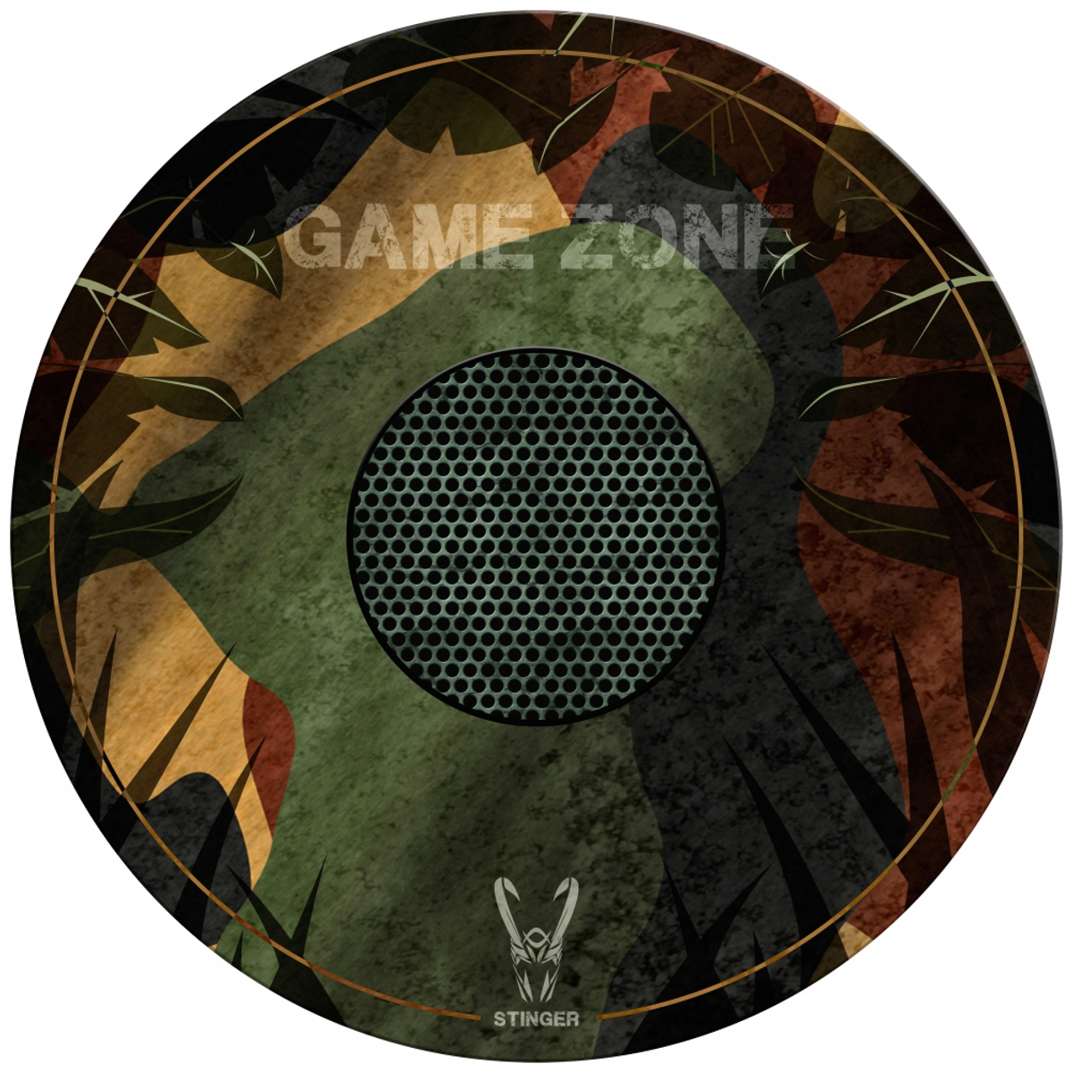 Alfombrilla de ratón para juegos redonda con diseño de jungla. Dice "GAME ZONE" y "STINGER".