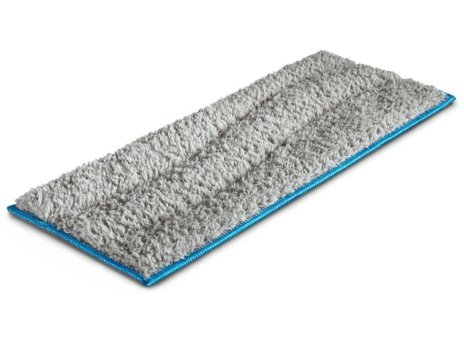 Cabezal de fregona gris con ribete azul sobre fondo blanco.