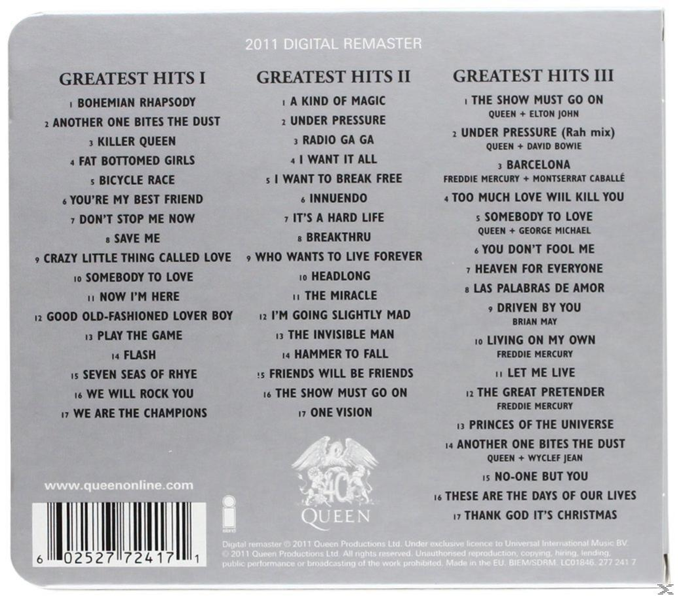Un elenco di canzoni dall'album Greatest Hits dei Queen, con il logo della band.