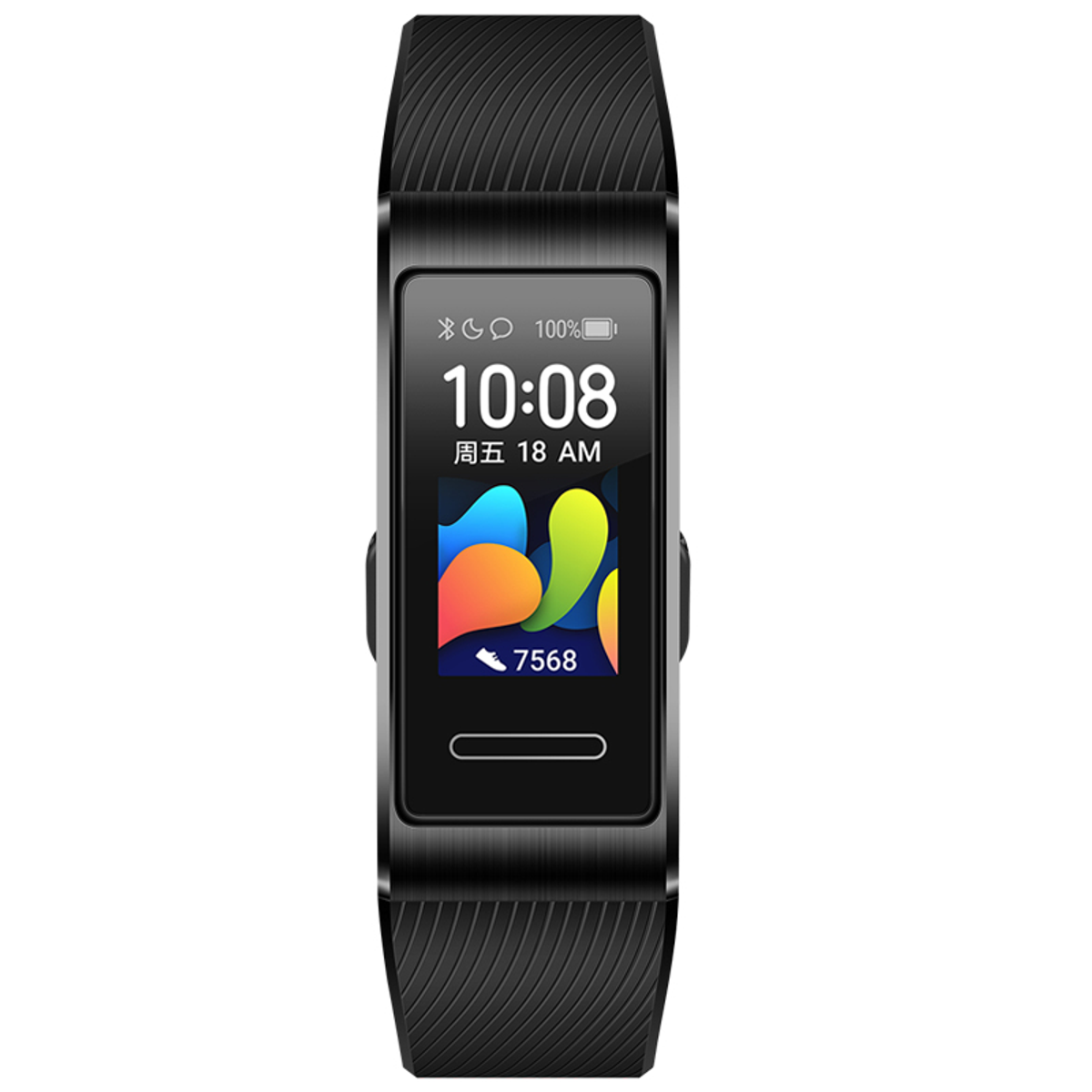 Schwarzer Fitnesstracker zeigt Zeit und Aktivitätsdaten an. Bildschirm zeigt farbige Grafiken und Schrittzahl.