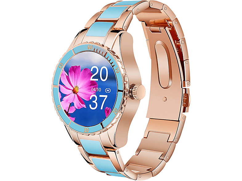 BRIGHTAKE Smart Watch Gold Frauen Bluetooth Talk Herzfrequenzmesser Übung Schrittzähler Uhr Smartwatch Metall, Blau