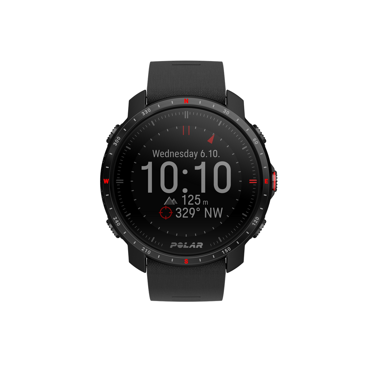 Czarny smartwatch Polar wyświetlający środę 6.10, 10:10, wysokość 125m i kierunek 329° NW.
