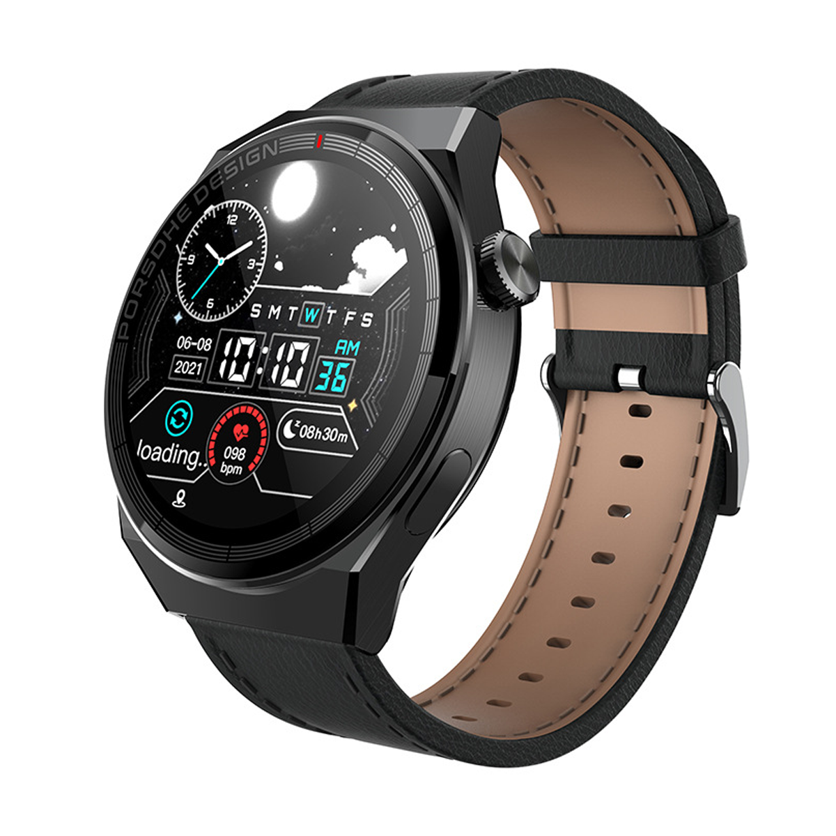 Eine schwarze Smartwatch mit rundem Zifferblatt, Lederarmband und Anzeige von Zeit, Datum und Gesundheitsdaten.