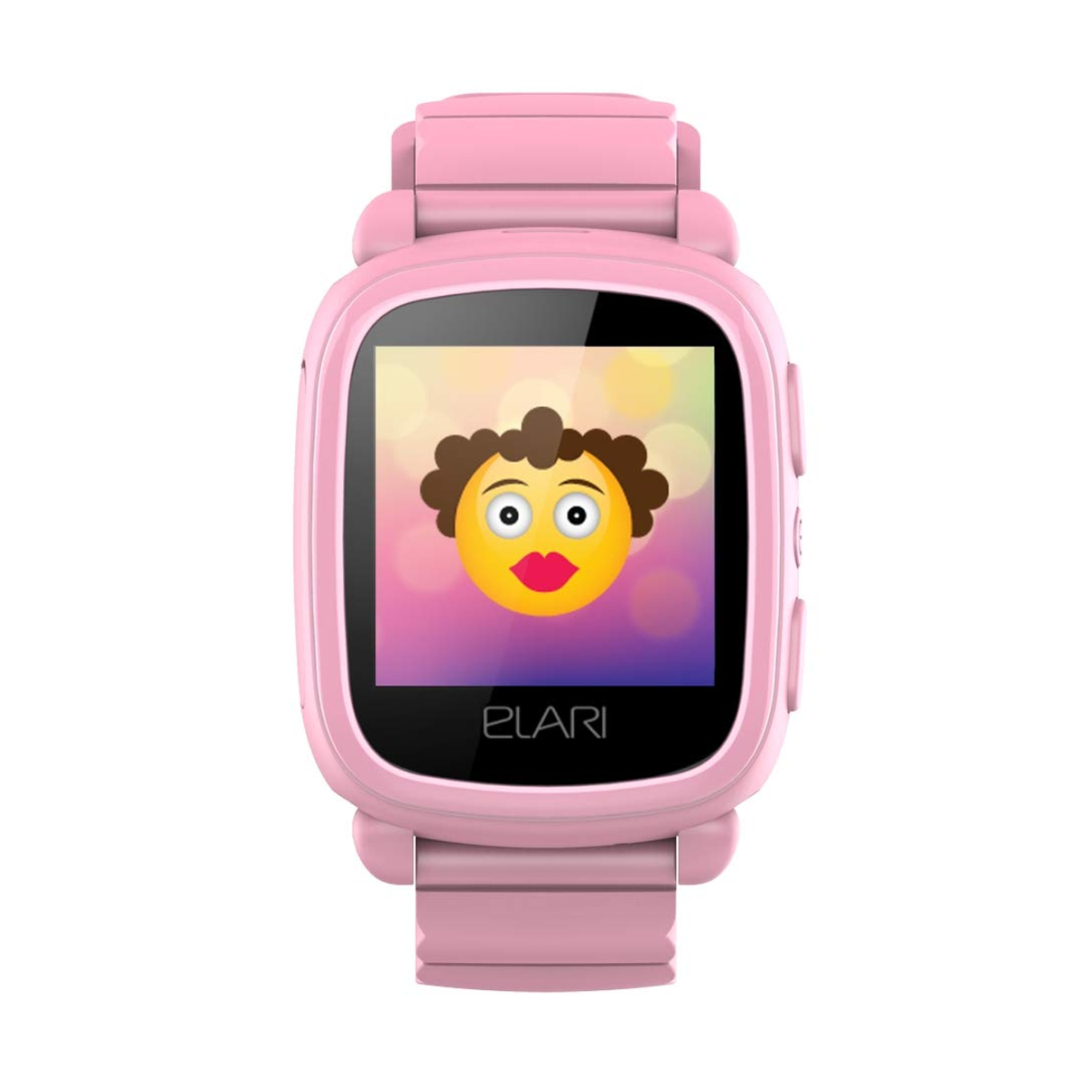 Smartwatch Elari rosa con schermo con faccina sorridente. Cinturino rosa.