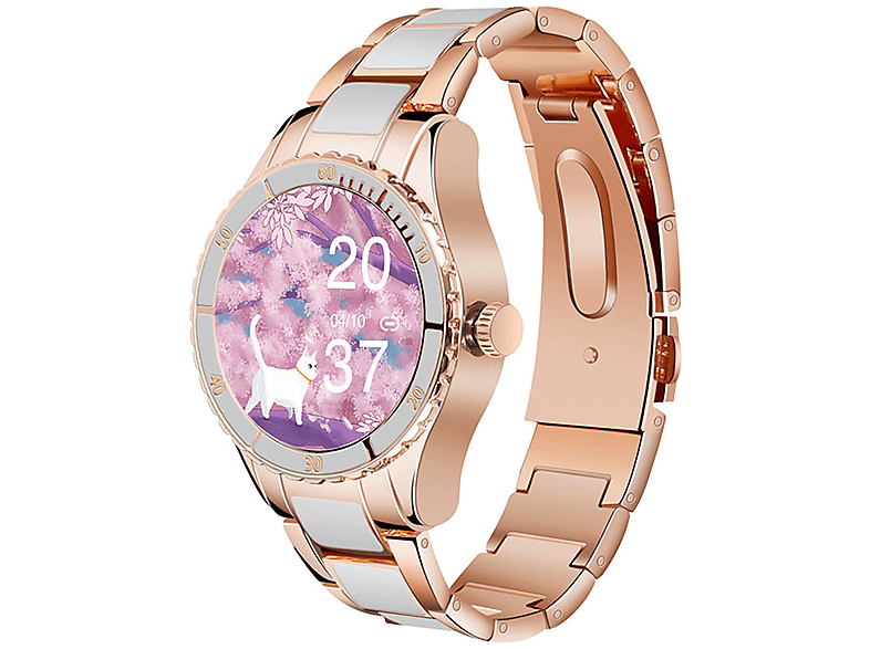 BRIGHTAKE Smart Watch Gold Frauen Bluetooth Talk Herzfrequenzmesser Übung Schrittzähler Uhr Smartwatch Metall, Weiß