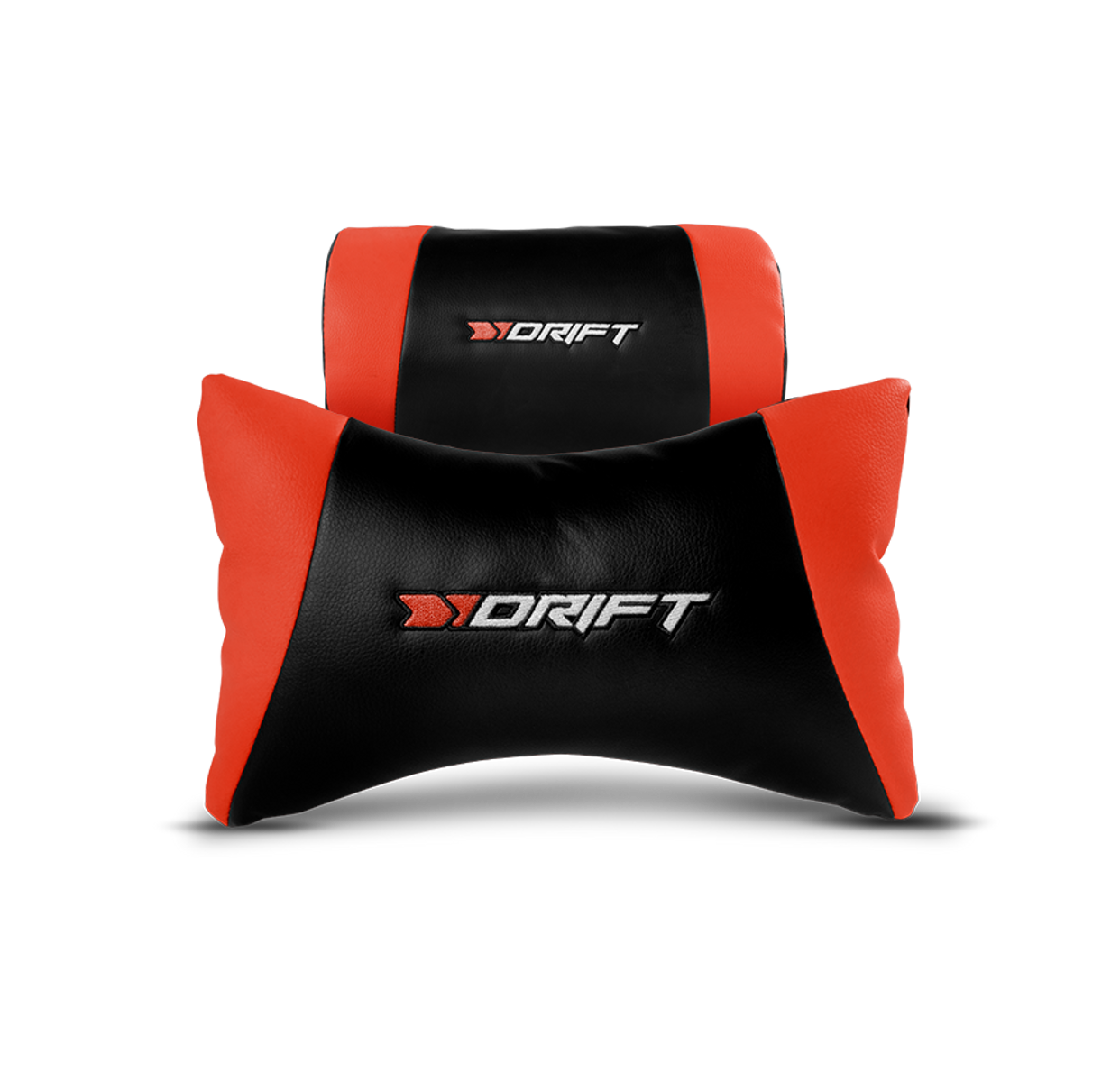 Cojines para reposacabezas, negro y naranja con la palabra DRIFT.