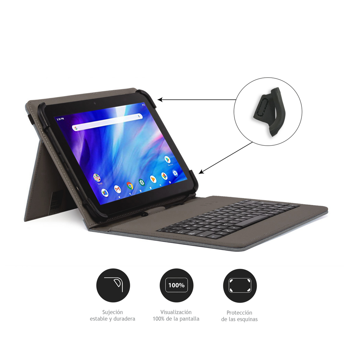 Tableta con funda de teclado. La funda es gris, con la tableta abierta. Flechas señalan detalles.