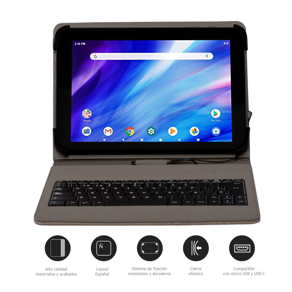 Una tableta en una funda gris con teclado e iconos en la parte inferior.