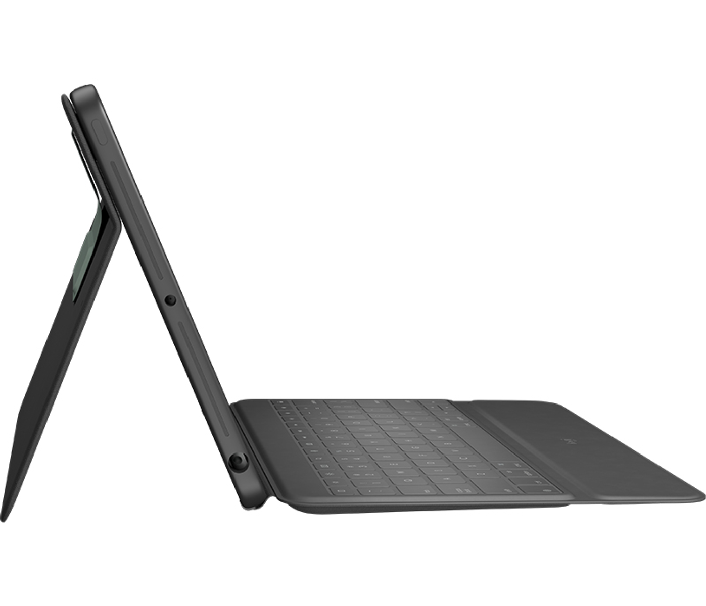 Tablet nero in custodia con tastiera. Il tablet è appoggiato per l'uso. Vista laterale.