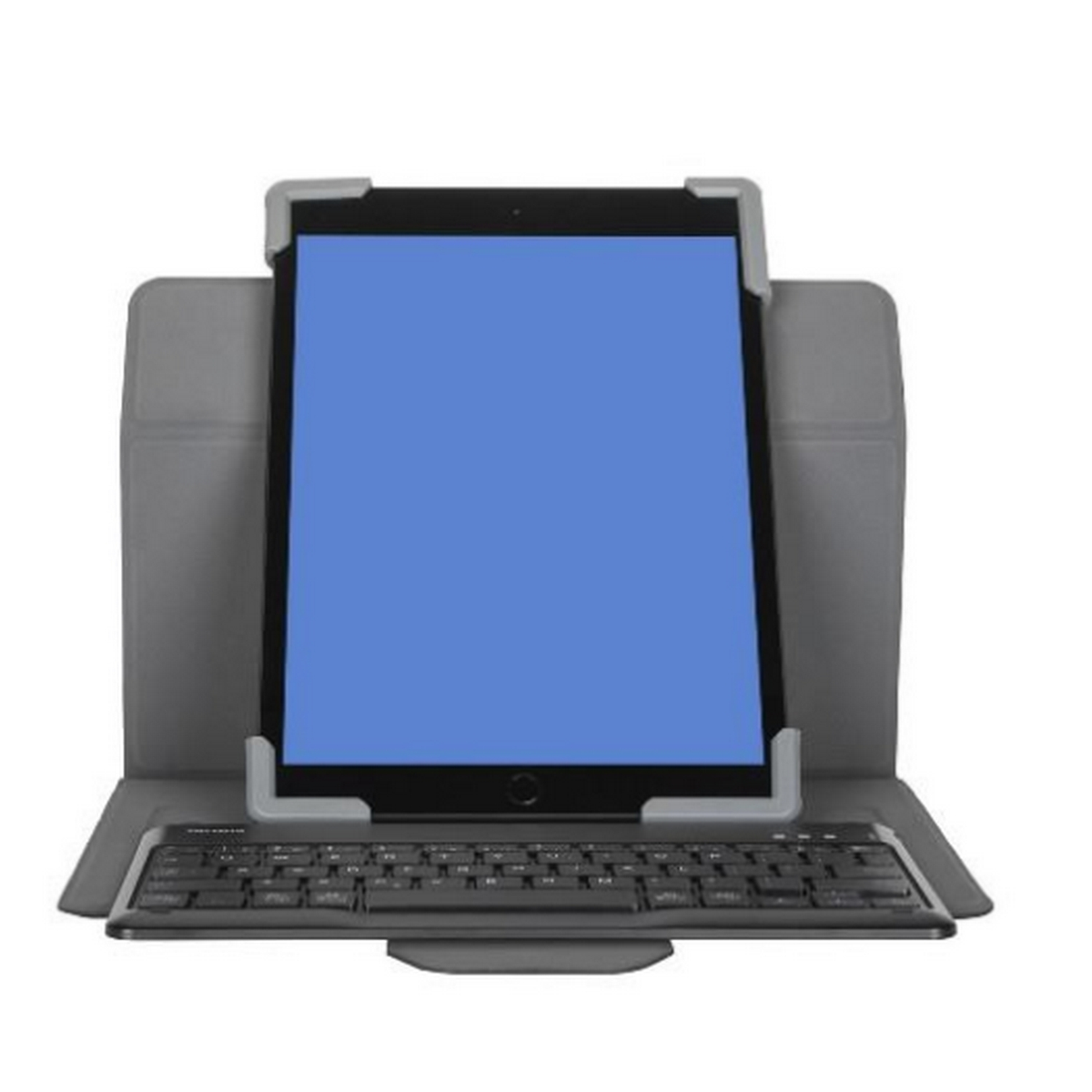 Tableta dentro de una funda gris con teclado. La pantalla de la tableta es azul.