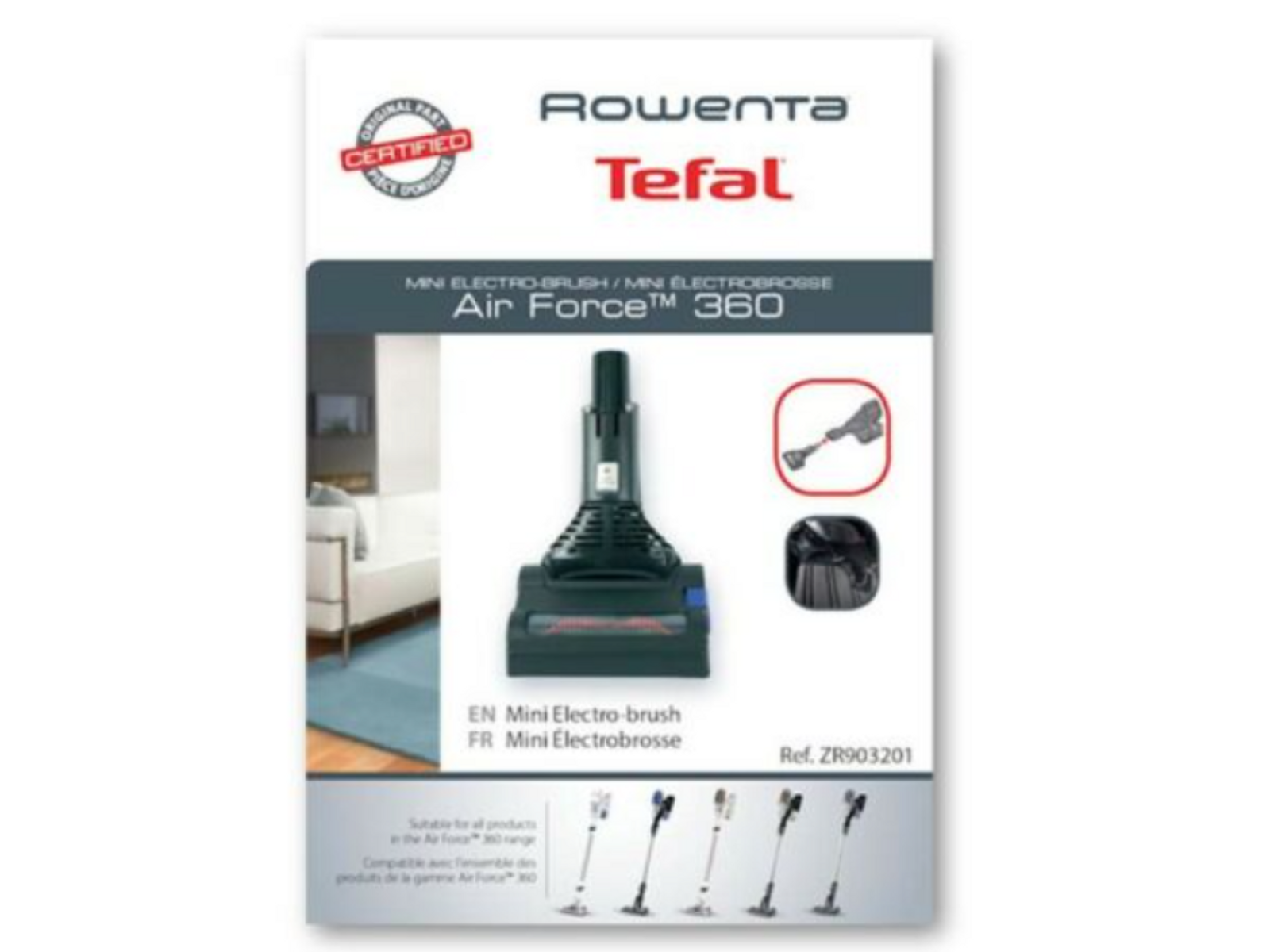 Confezione del prodotto mini elettrospazzola Air Force 360 ​​Rowenta Tefal.