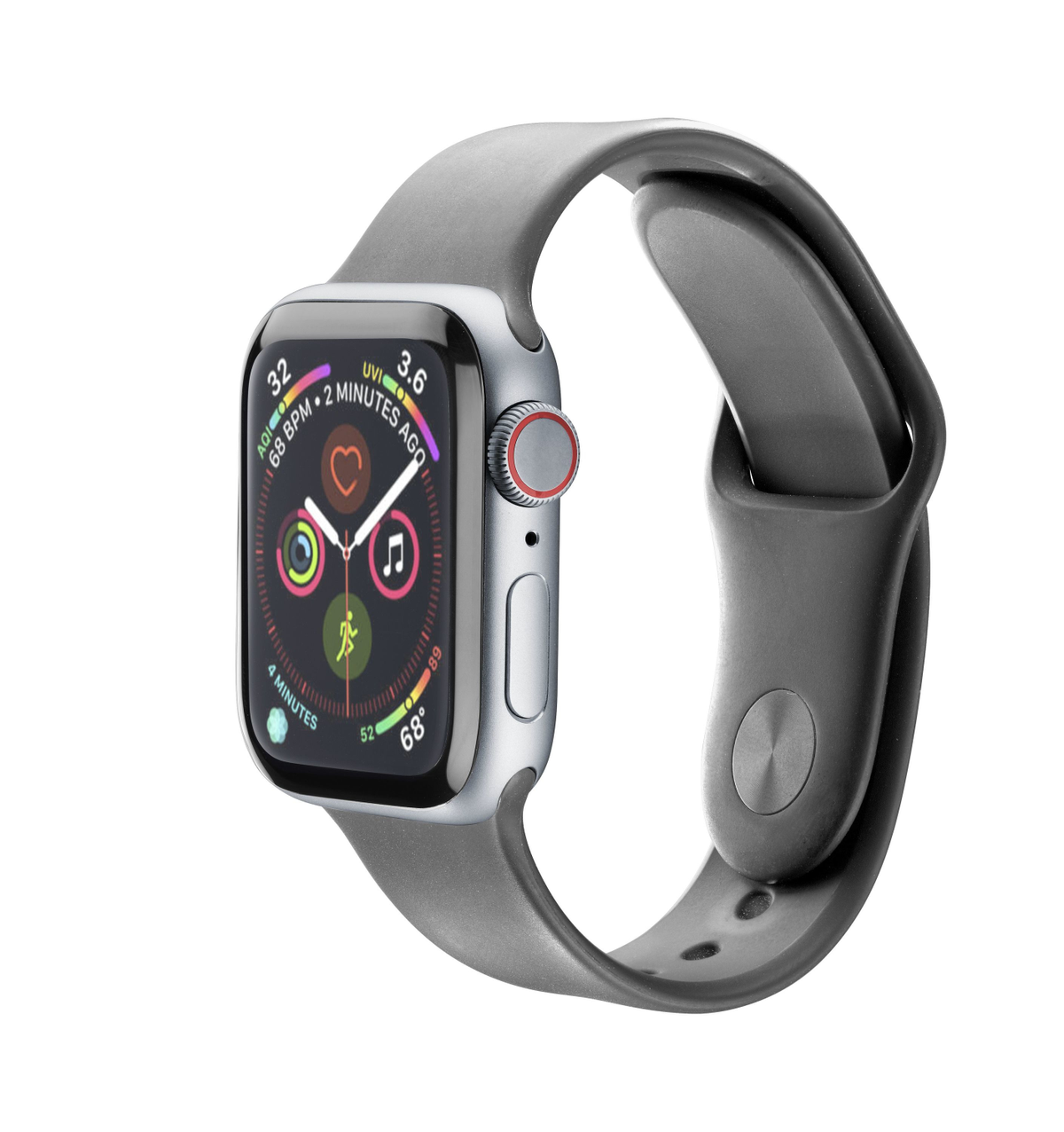 Srebrny Apple Watch z szarą opaską. Cyfrowy wyświetlacz pokazujący czas i wskaźniki. Białe tło.