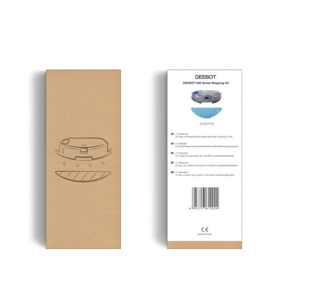 Box mit der Aufschrift DEEBOT 600 Series Mopping Kit. Enthält Reinigungszubehör.