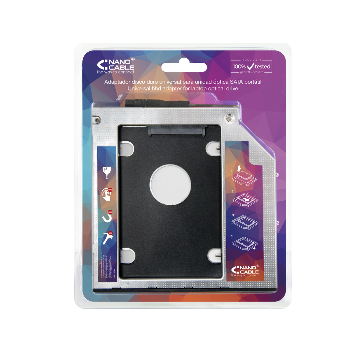 Adaptador de disco duro para unidad óptica de portátil. El embalaje es blanco.