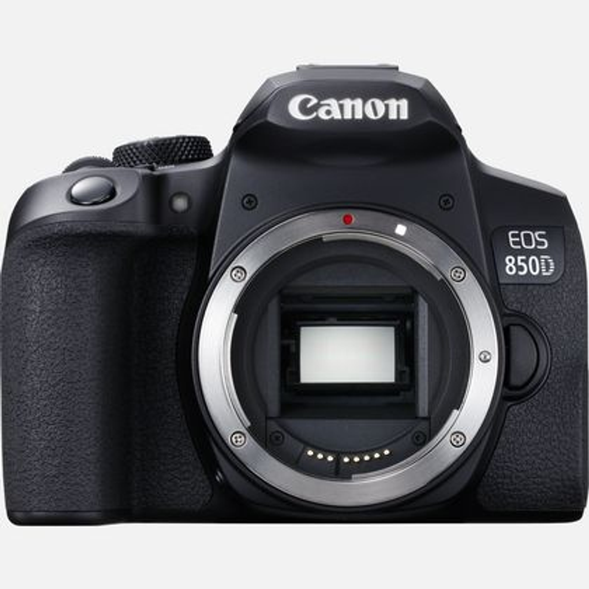 Schwarze Canon EOS 850D Kamera. Das Objektiv ist sichtbar, und das Canon-Logo befindet sich oben.