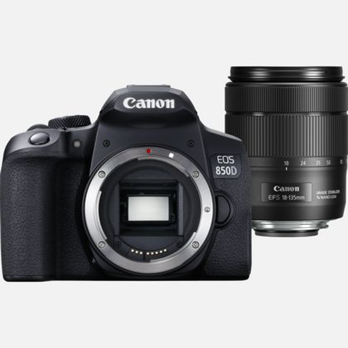 Eine schwarze Canon EOS 850D Kamera mit Objektiv, auf weißem Hintergrund.