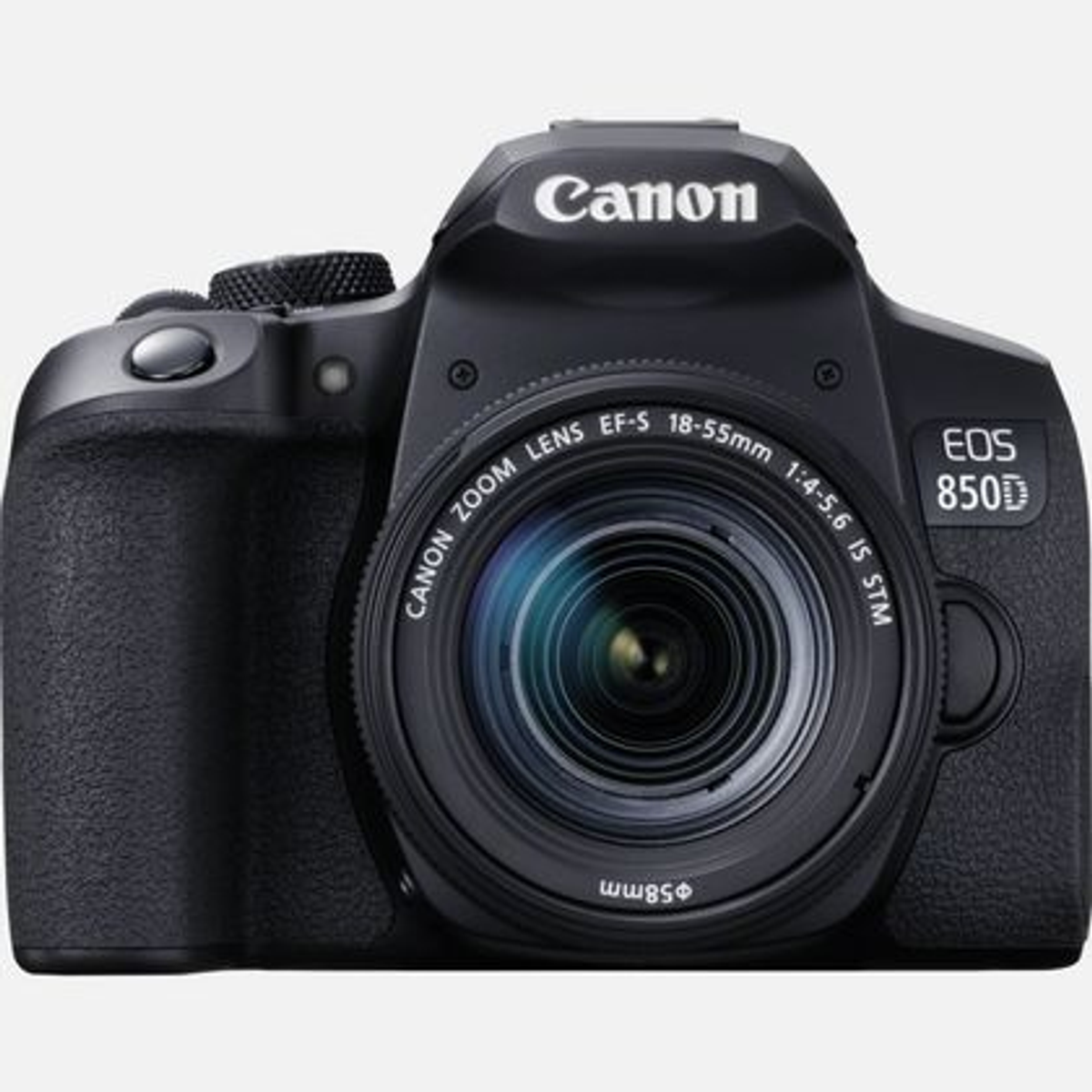 Schwarze Canon EOS 850D Kamera mit Objektiv. Weißer Hintergrund.