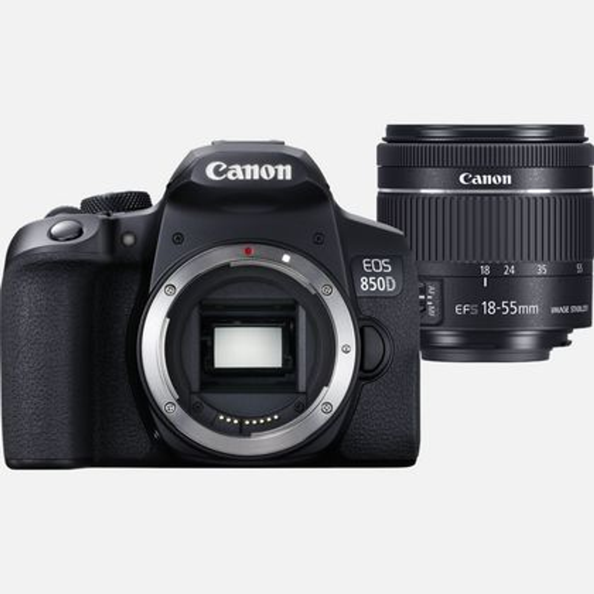 Schwarze Canon EOS 850D Kamera mit angesetztem Objektiv. Weißer Hintergrund.