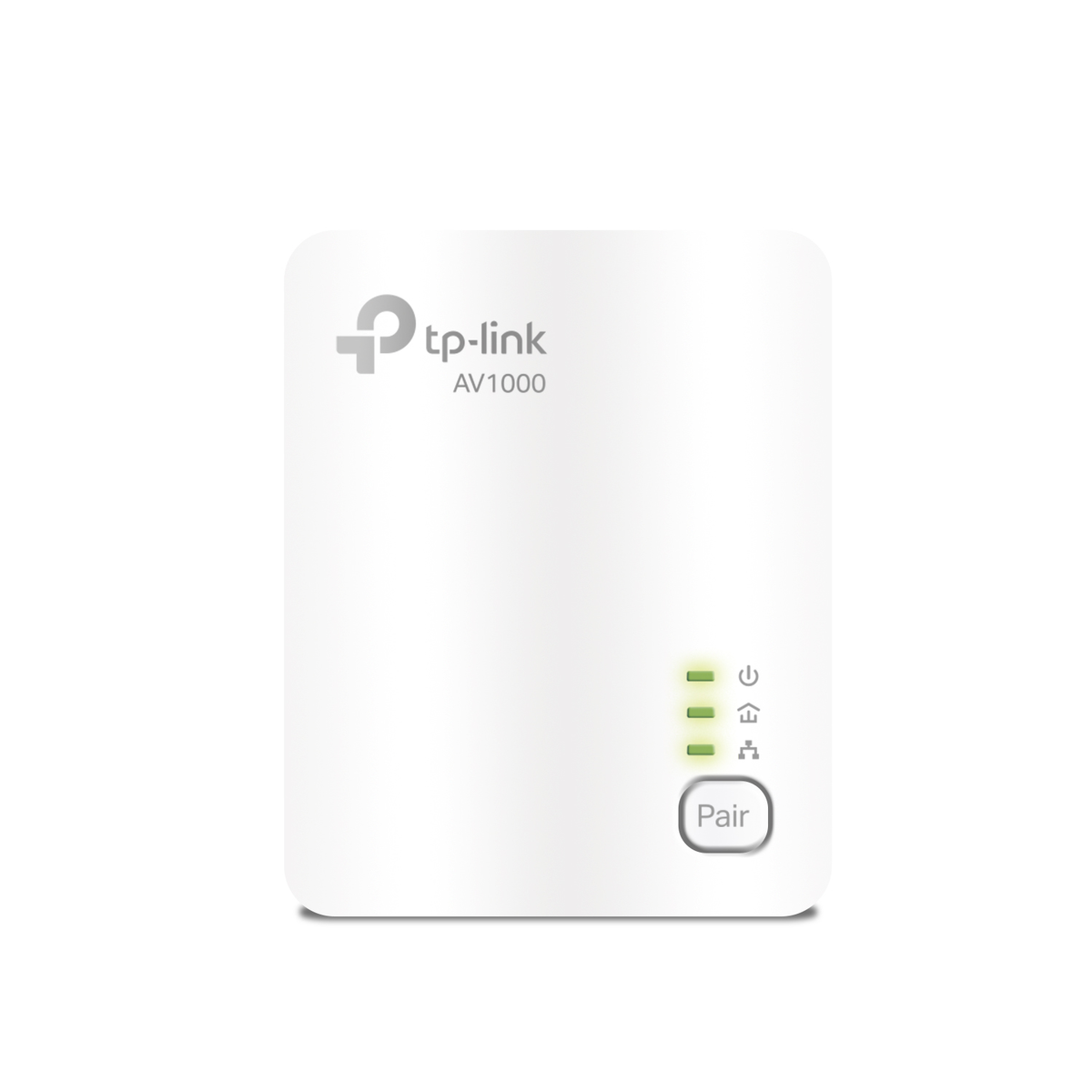 Biały adapter TP-Link AV1000 Powerline z zielonymi i białymi światłami oraz przyciskiem Pair.