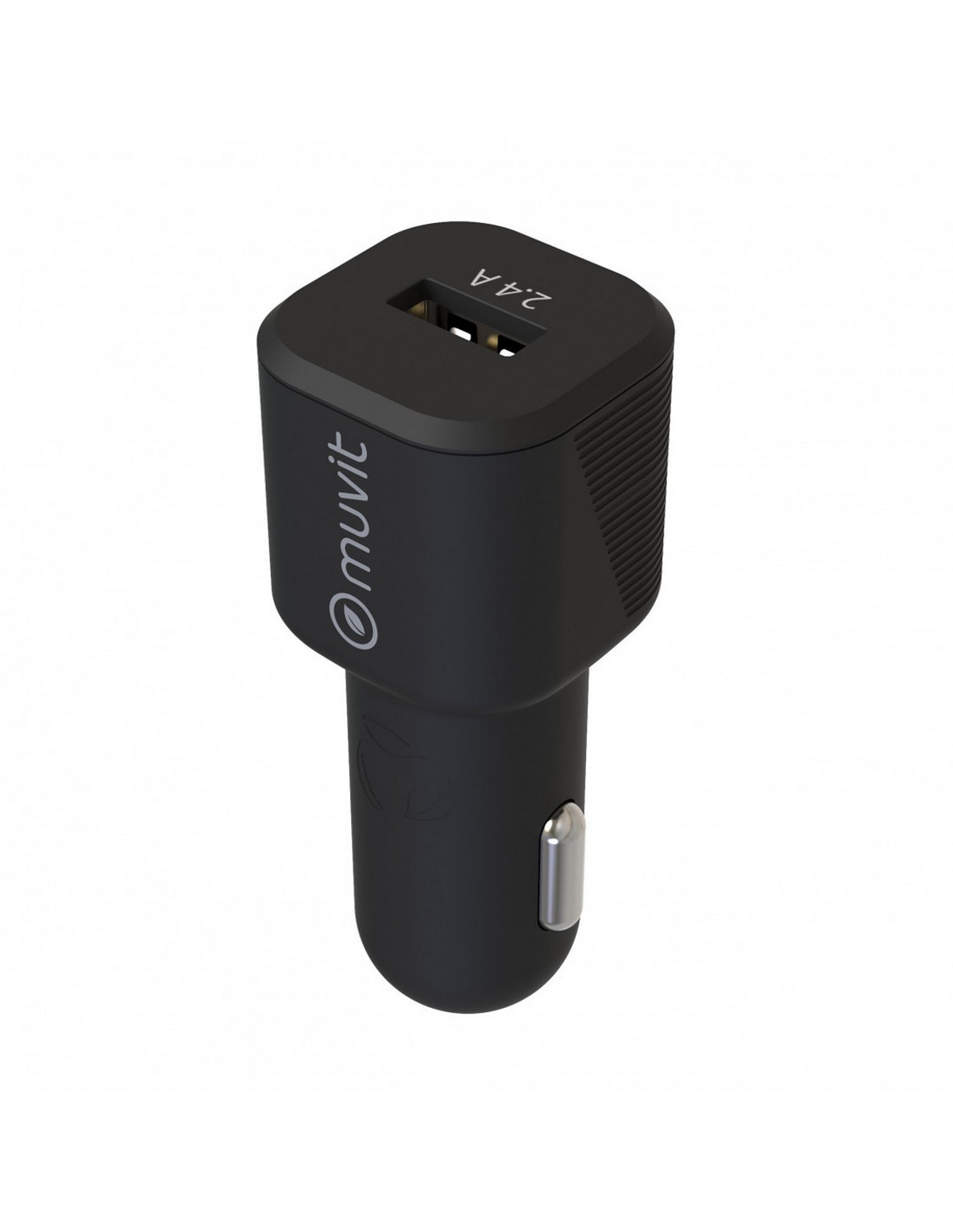 Cargador de coche negro con puertos USB duales, etiquetado '2.4A'.