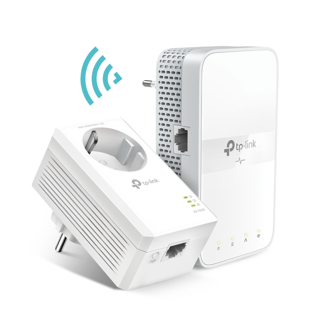 Witte TP-Link powerline adapters, één in de muur gestoken. Zwarte achtergrond.