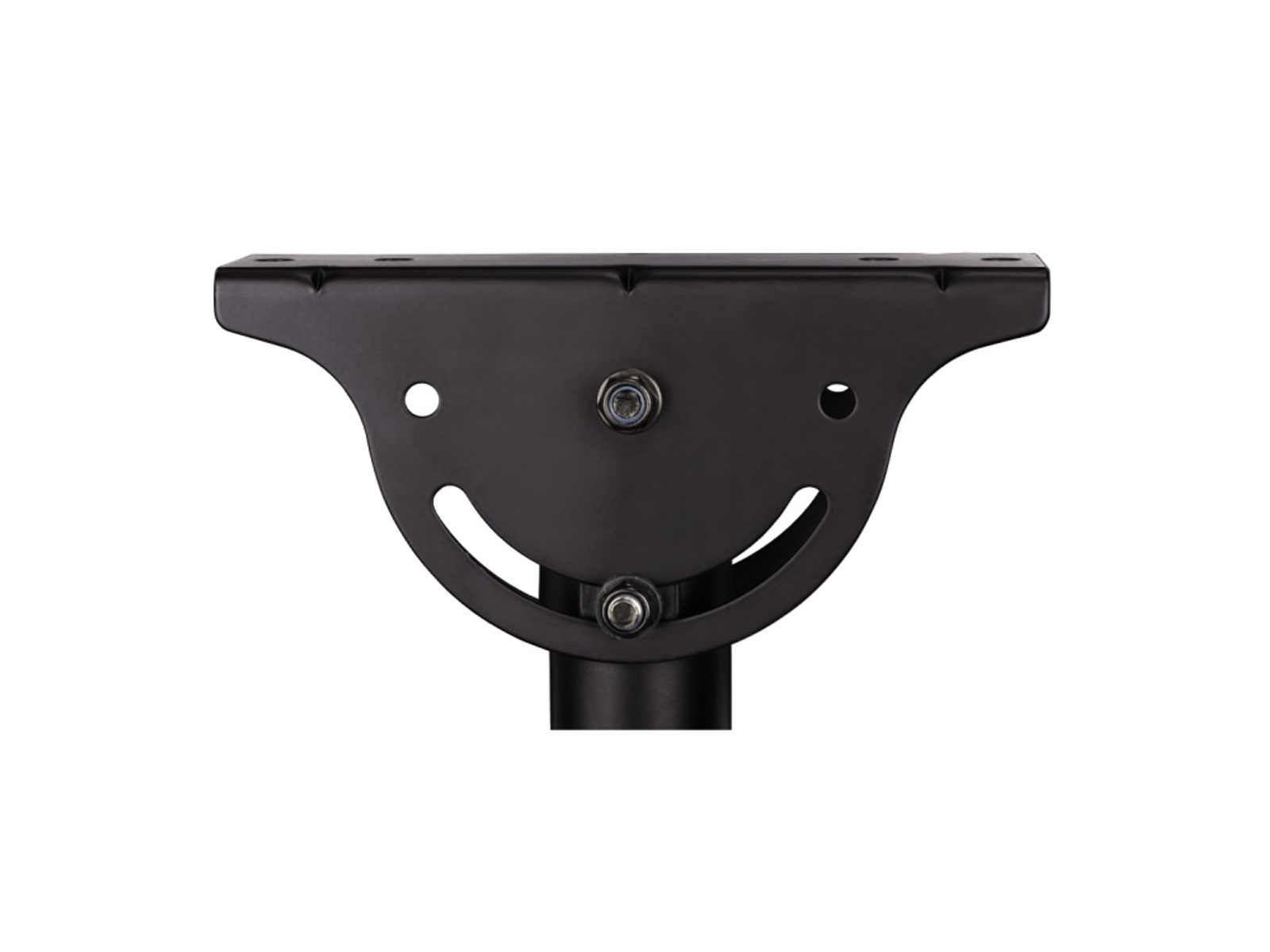 Czarny metalowy wspornik o półkolistym kształcie, ze śrubą i otworami, przeznaczony do montażu na powierzchni.