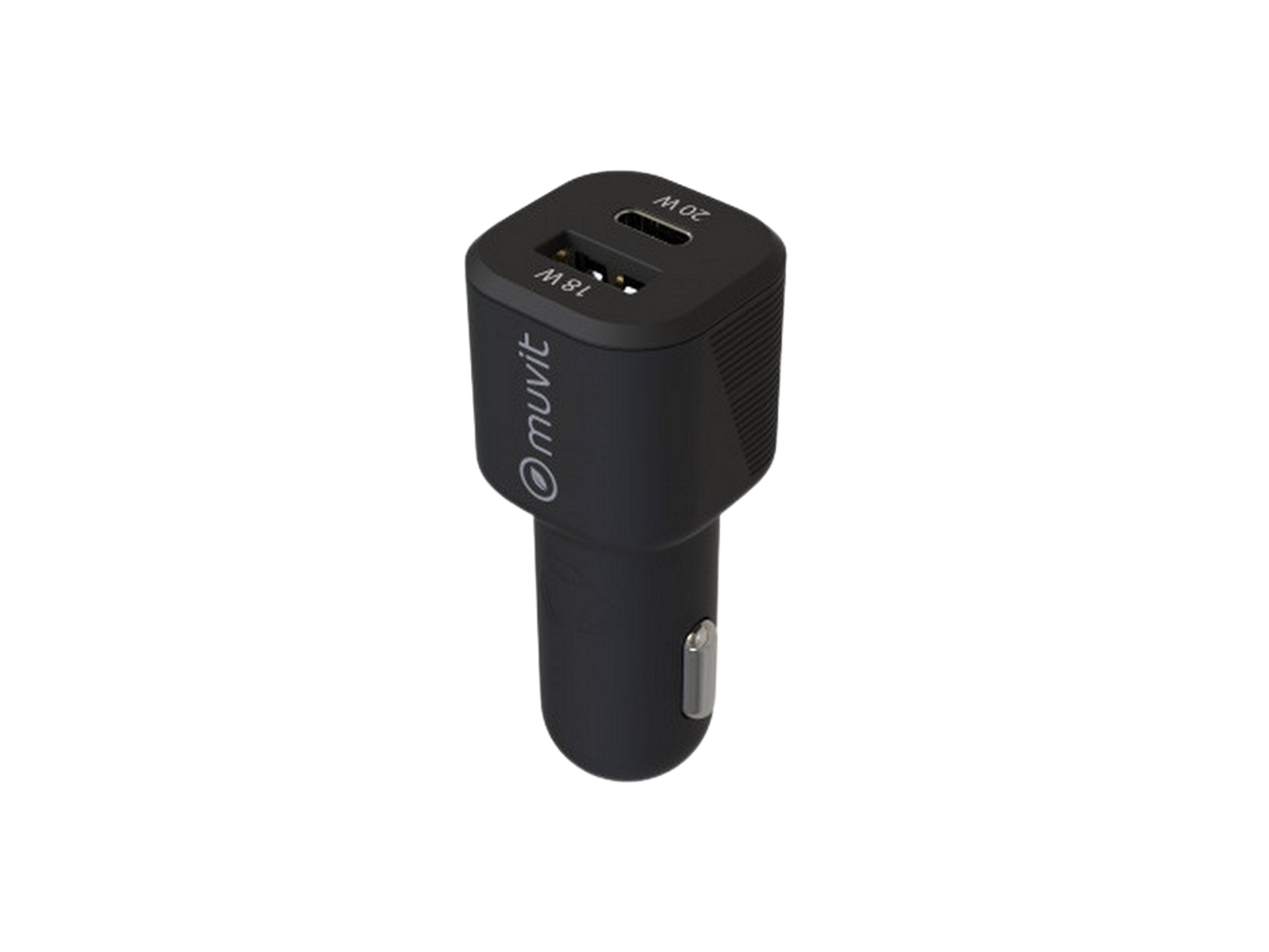 Un cargador de coche negro con dos puertos USB, uno 18W, uno 20W, y el logo Muvit.
