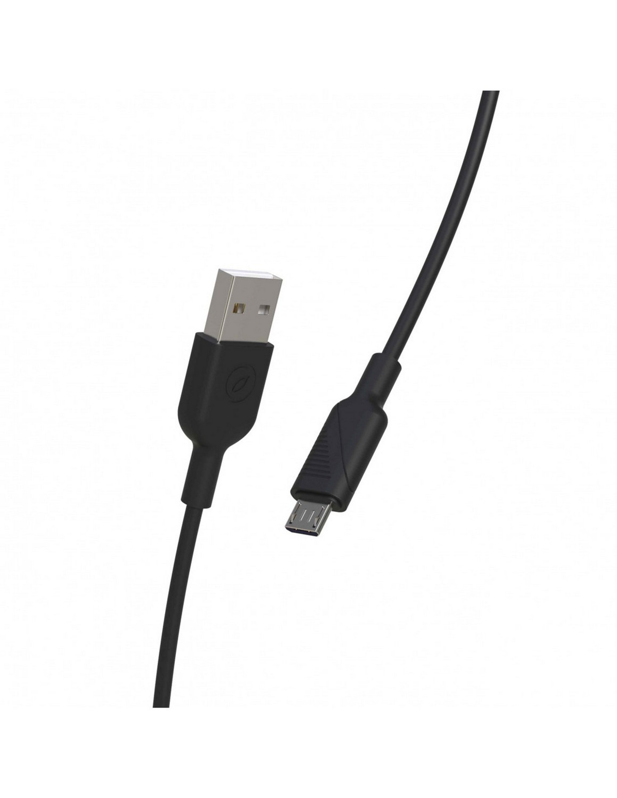 Cable USB a Micro USB negro. Un conector USB plateado en un extremo.
