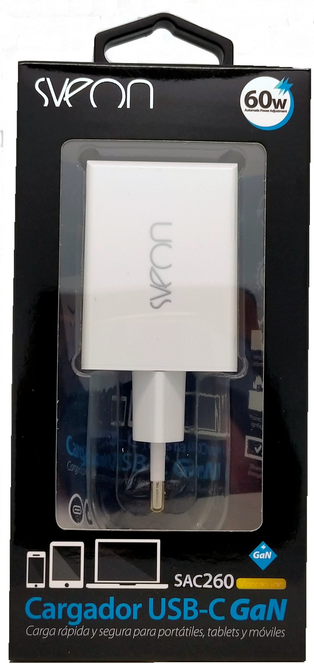 Cargador USB-C blanco en caja, con texto sobre carga rápida para dispositivos portátiles.