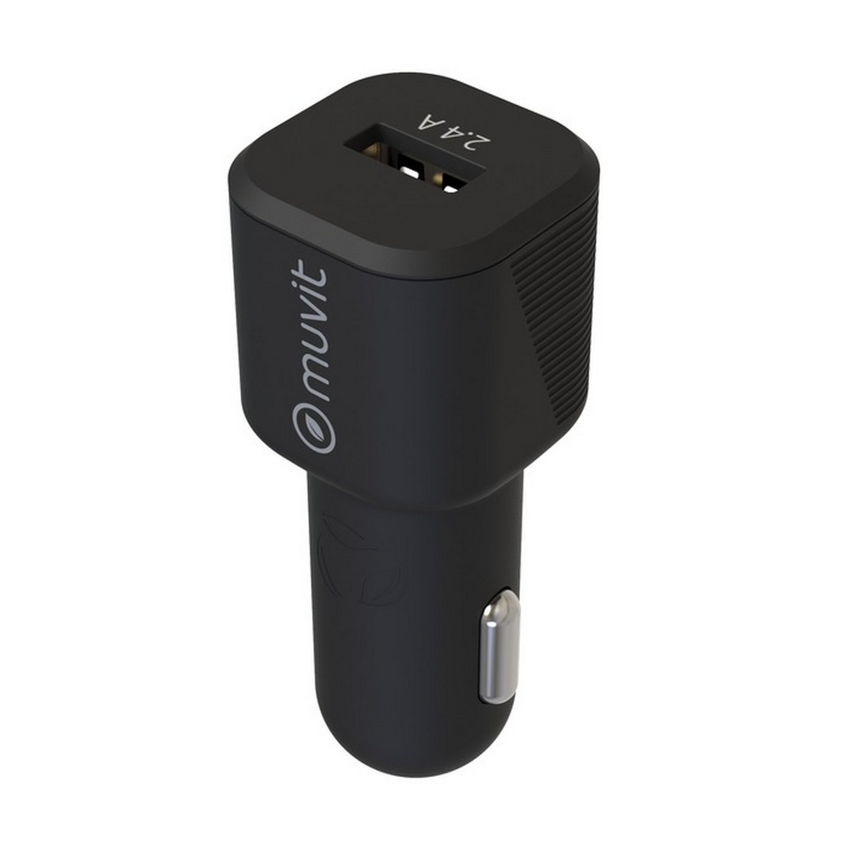 Un cargador de coche negro con dos puertos USB, etiquetado como '2.4A' y marca 'muvit'.