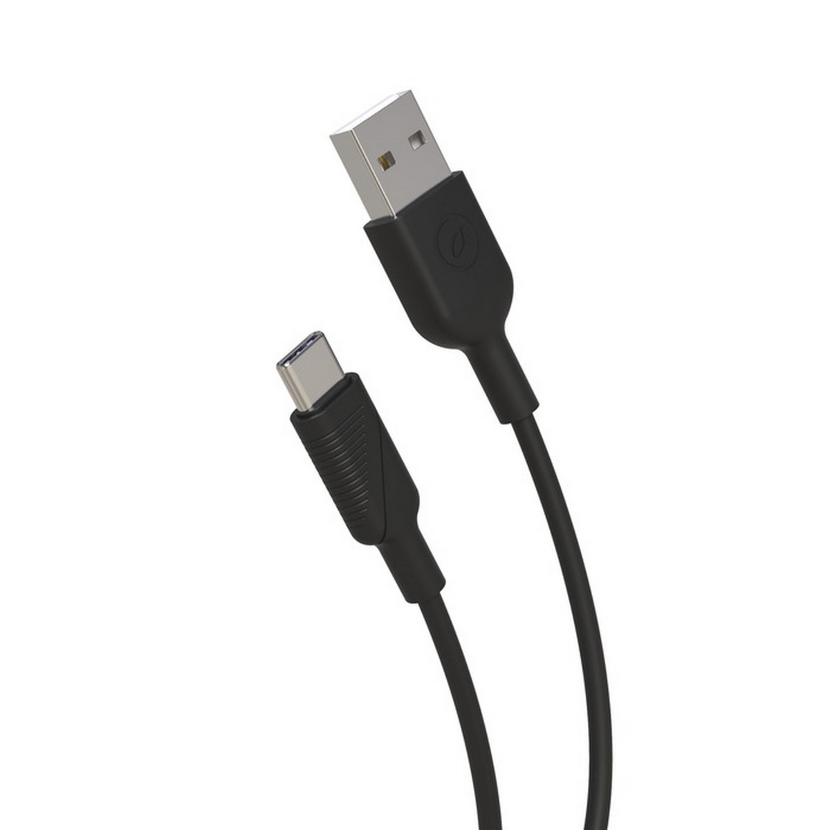 Un cable USB-C a USB negro, mostrando ambos extremos. Fondo blanco.