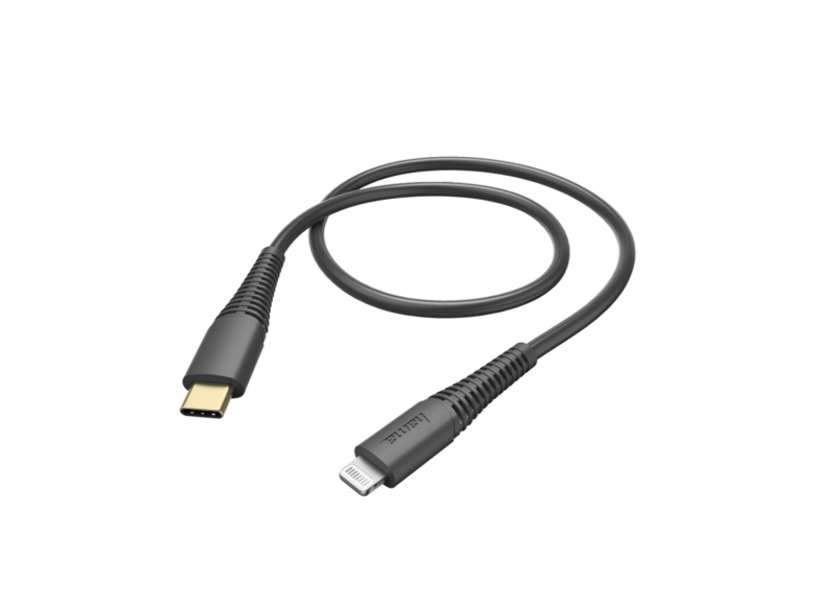 Czarny kabel USB-C do Lightning, czarne złącza i kabel, na czarnym tle.