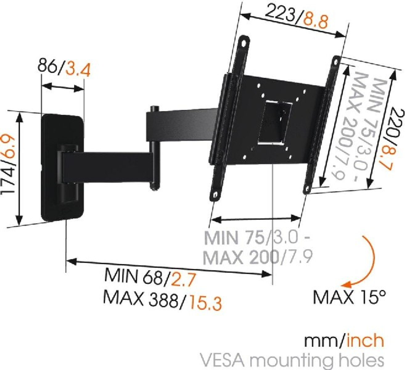Un supporto a parete TV nero con dimensioni in mm e pollici, con sfondo nero.