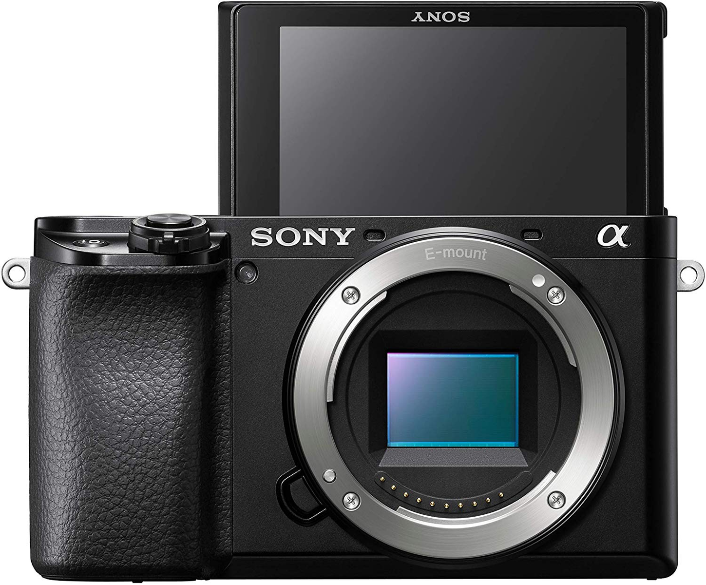 Eine schwarze Sony Alpha Kamera mit ausklappbarem Bildschirm, Objektiv und E-Mount-Kennzeichnung.