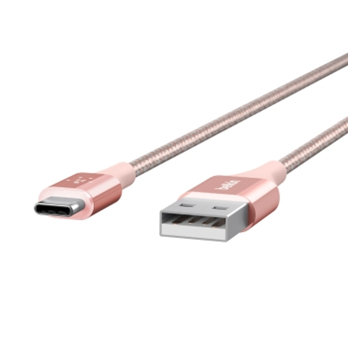 Rosa USB-zu-USB-C-Kabel. Hellrosa Anschlüsse und Kabel. Weißer Hintergrund.