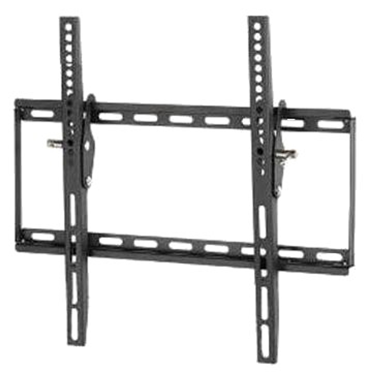 Un soporte de TV negro con marco de metal y dos rieles de montaje verticales para un televisor.
