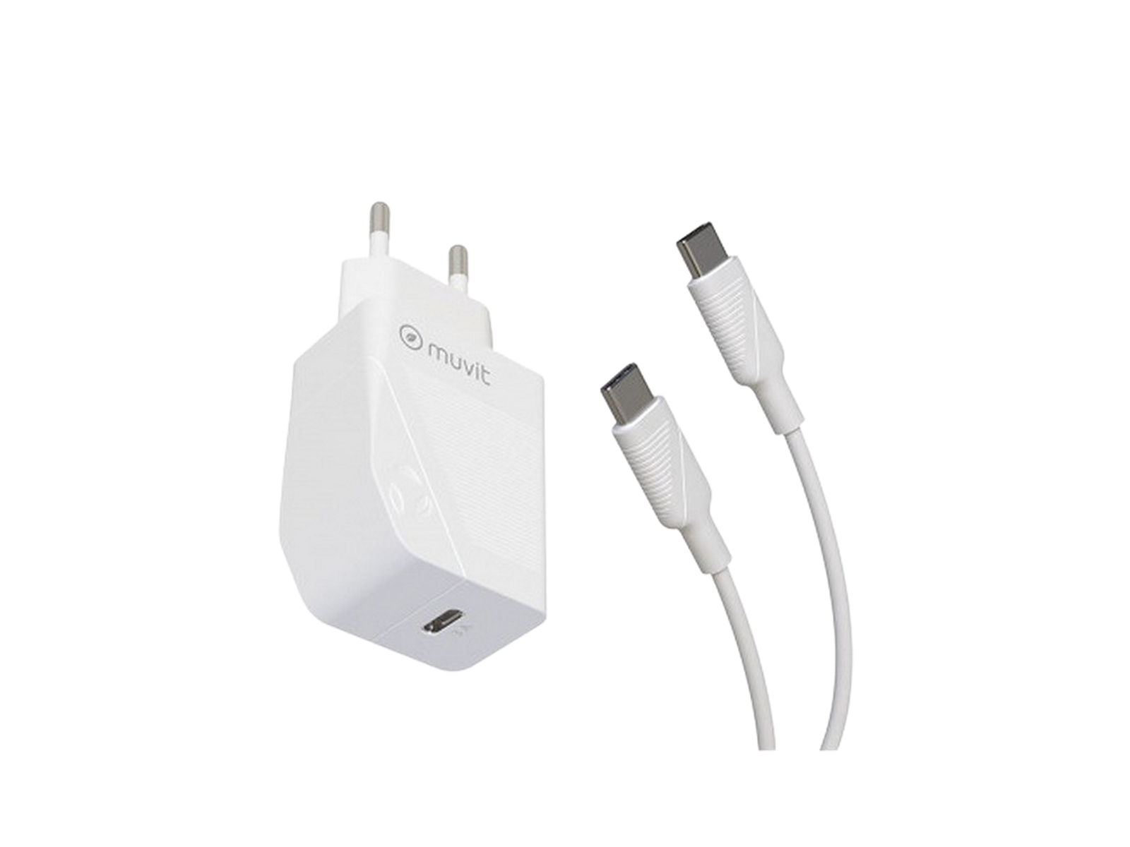 Caricabatterie Muvit bianco con due cavi USB-C bianchi. Su sfondo scuro.