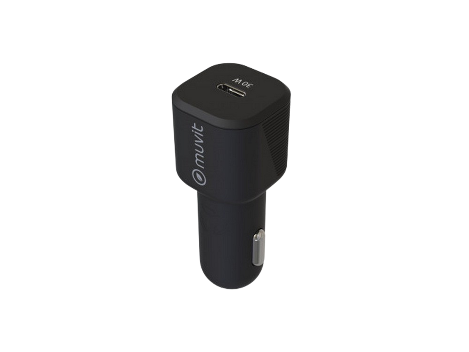 Cargador de coche negro con puerto USB-C y logo muvit sobre fondo negro. Dice 30W.