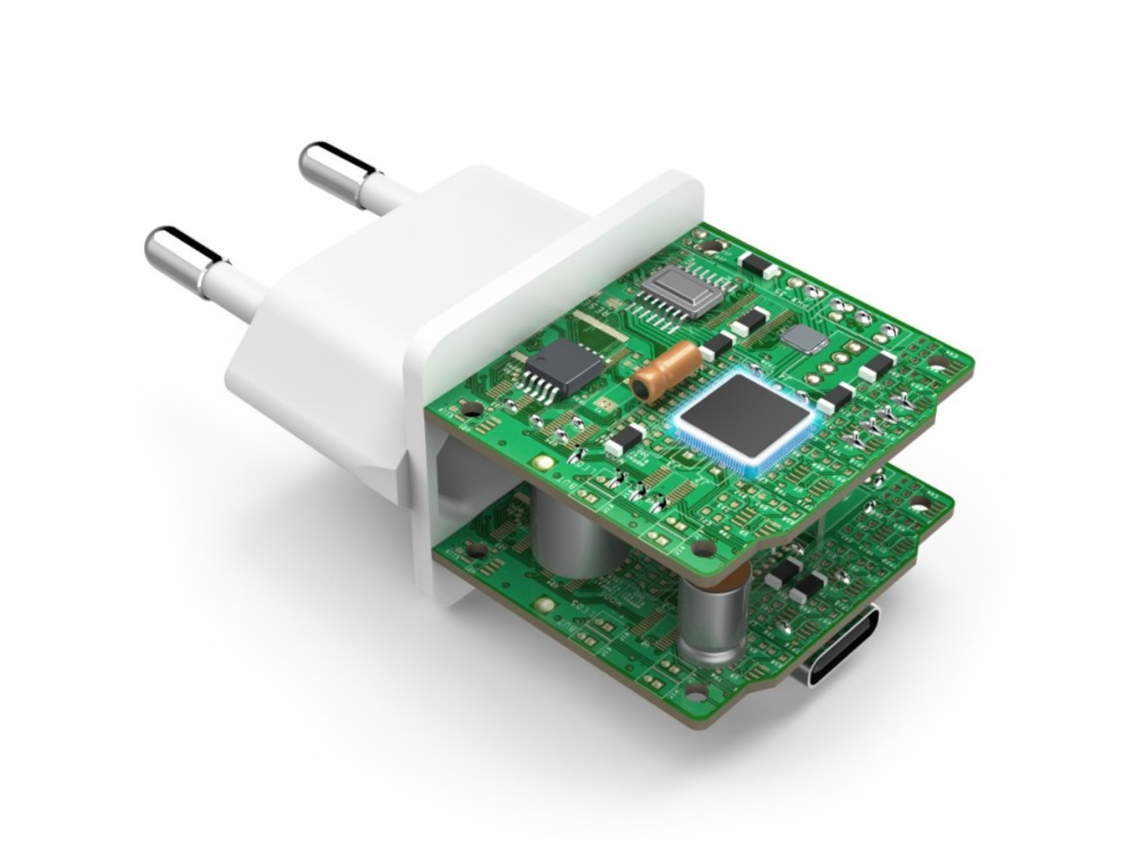 Przecięta na pół biała ładowarka USB ujawniająca zielone płytki drukowane, komponenty wewnętrzne i port USB.