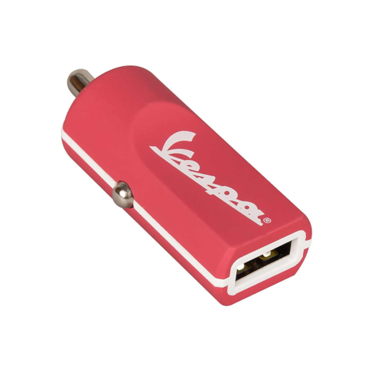 Cargador USB Vespa rojo con ribete blanco, fondo blanco.