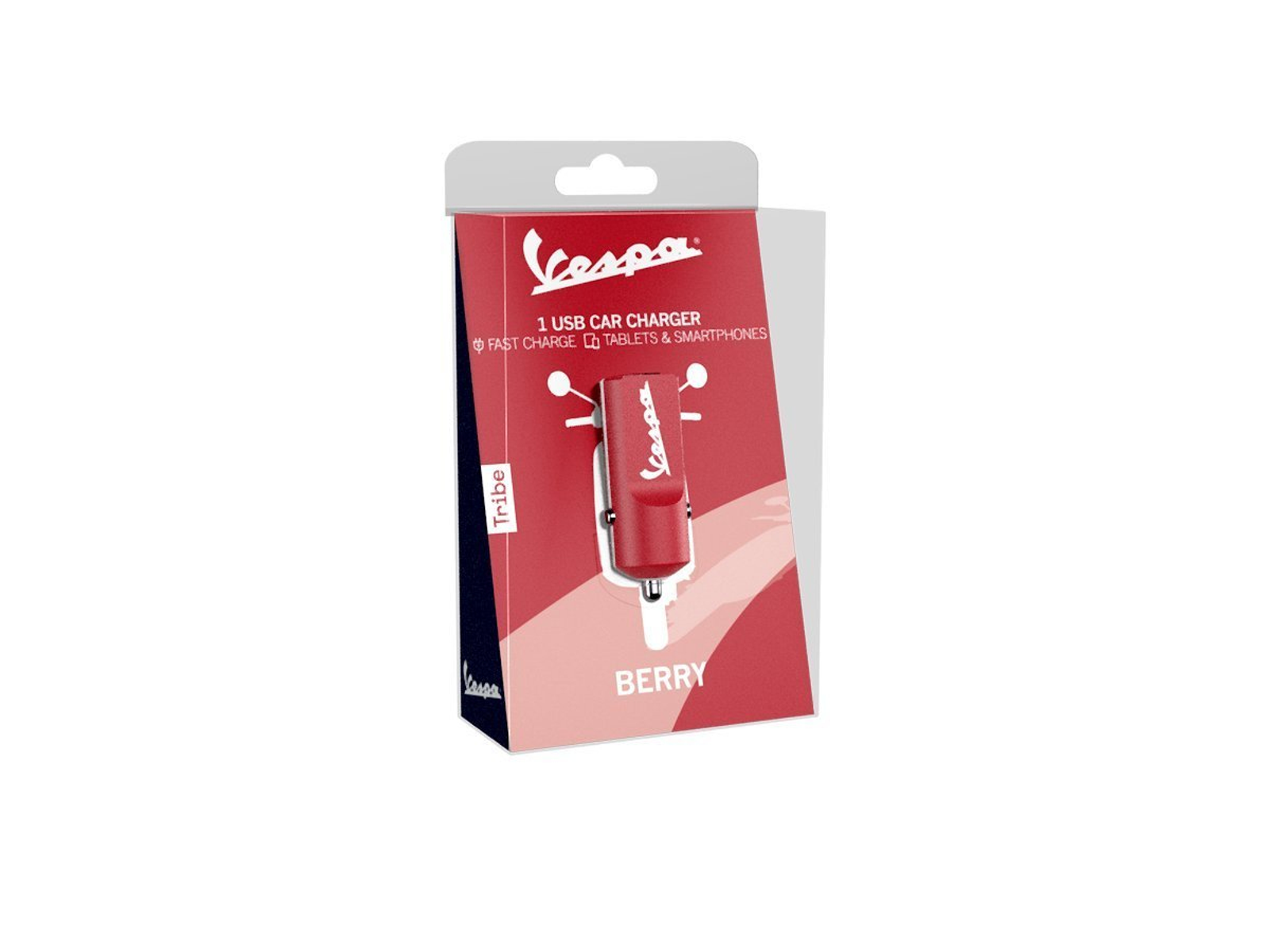 Un cargador de coche USB Vespa en una caja roja y blanca. El cargador es rojo y tiene forma de Vespa.