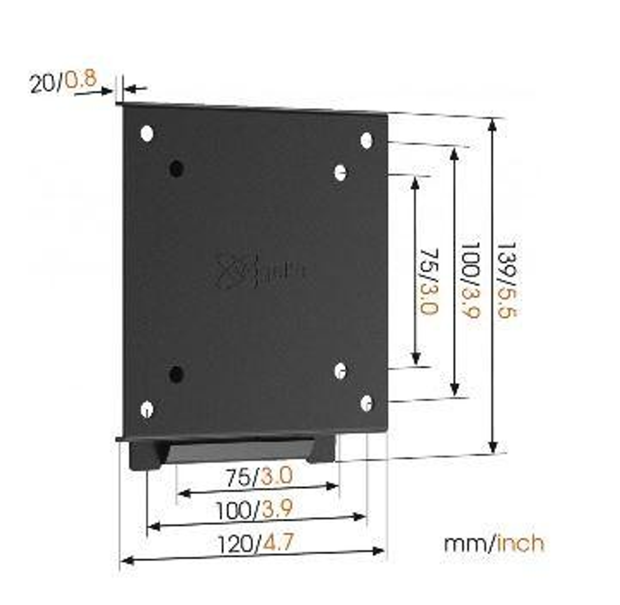 Soporte de montaje de TV negro con dimensiones etiquetadas en mm/pulgadas.