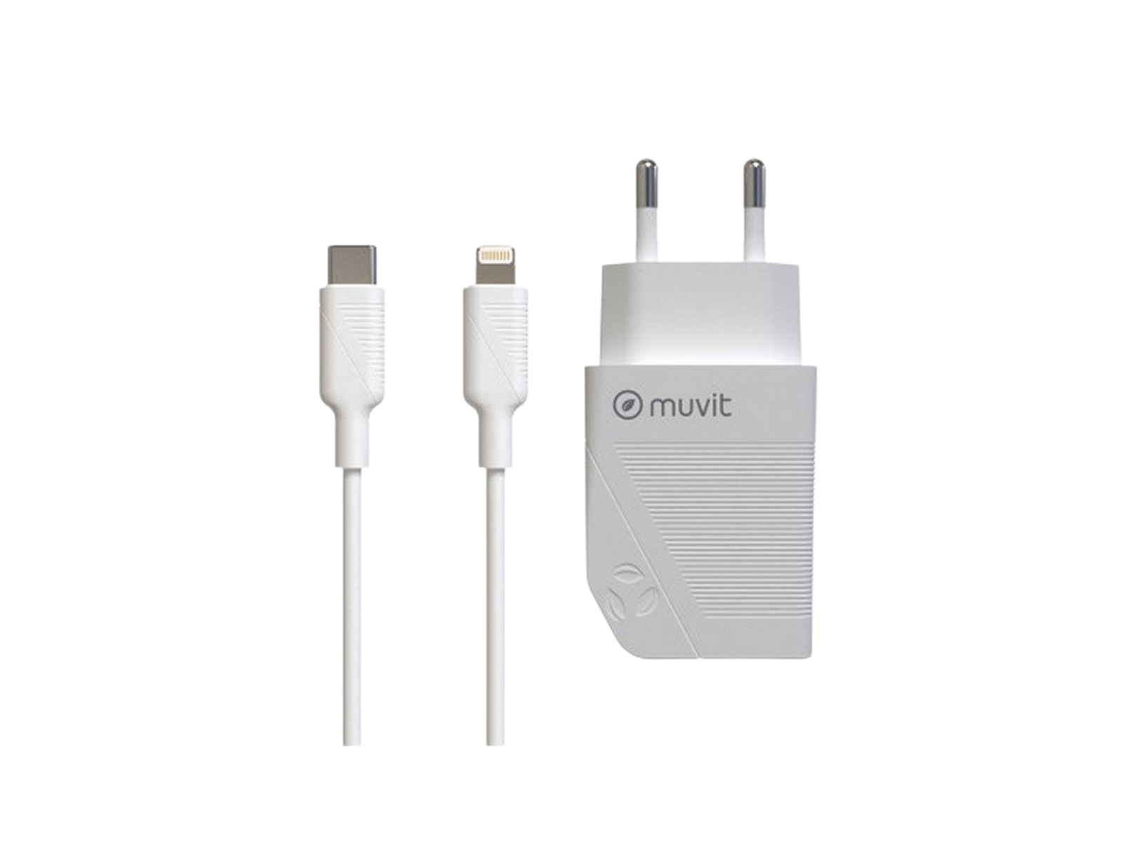 Cargador Muvit blanco con cables USB-C y Lightning, sobre fondo negro.
