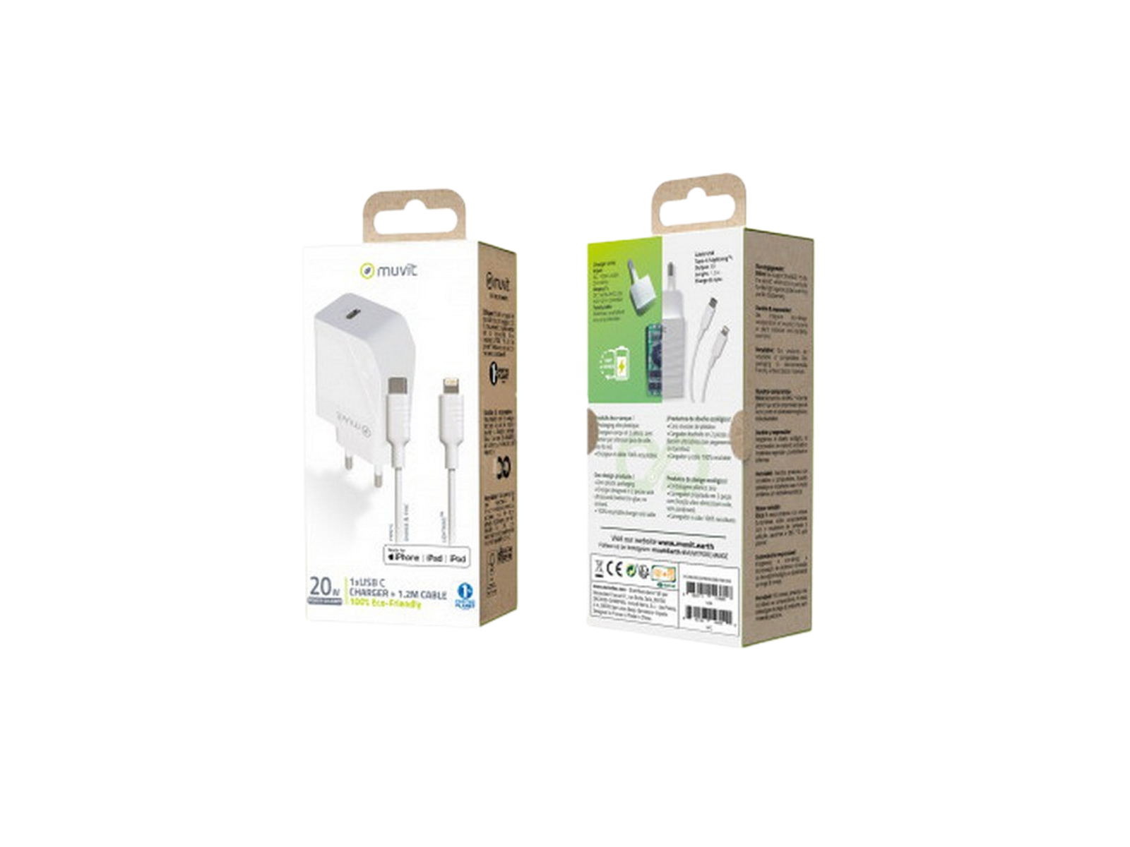 Dos cajas, cargador y cable blancos. Texto: Cargador 20W. Cable 1,2M. Ecológico.