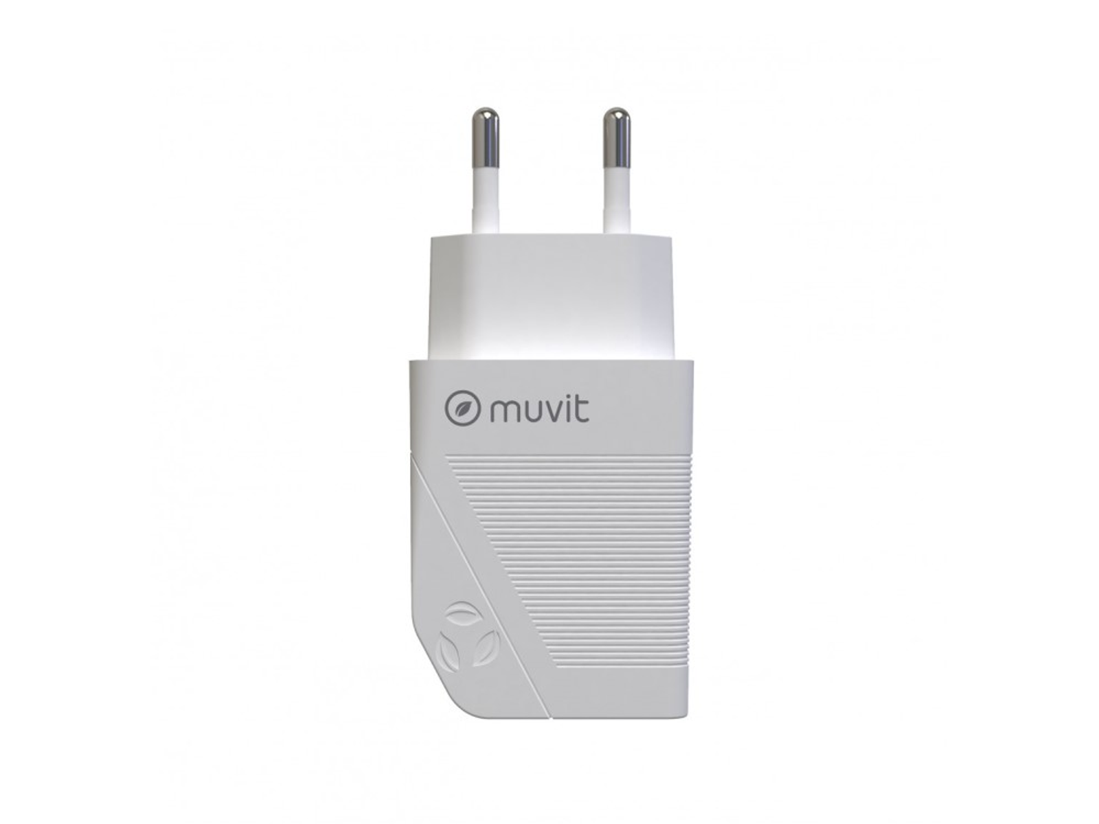 Cargador muvit blanco con dos clavijas, el logotipo está en el dispositivo.