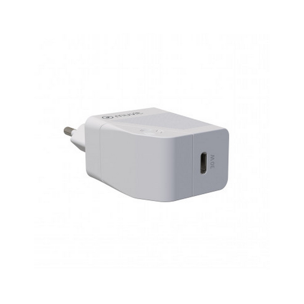 Cargador blanco con enchufe y puerto USB-C. El fondo es blanco.