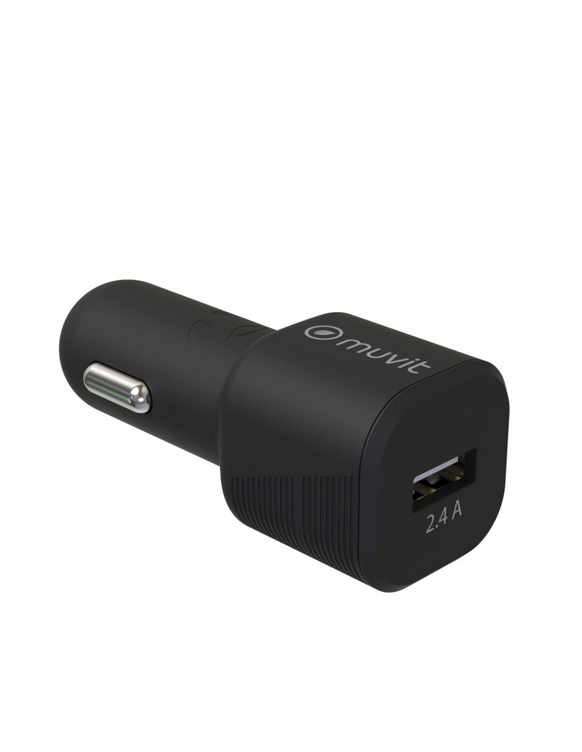Cargador de coche negro con puerto USB. Tiene el logotipo de muvit y la marca 2.4A.