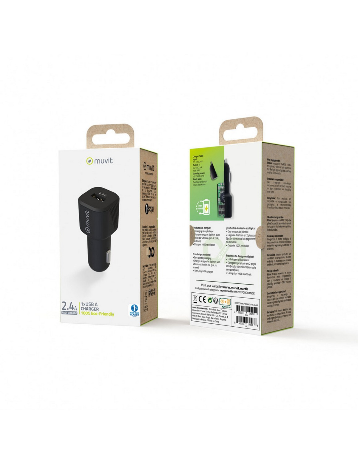 Dos cajas de un cargador USB negro con cargador de coche sobre fondo blanco.