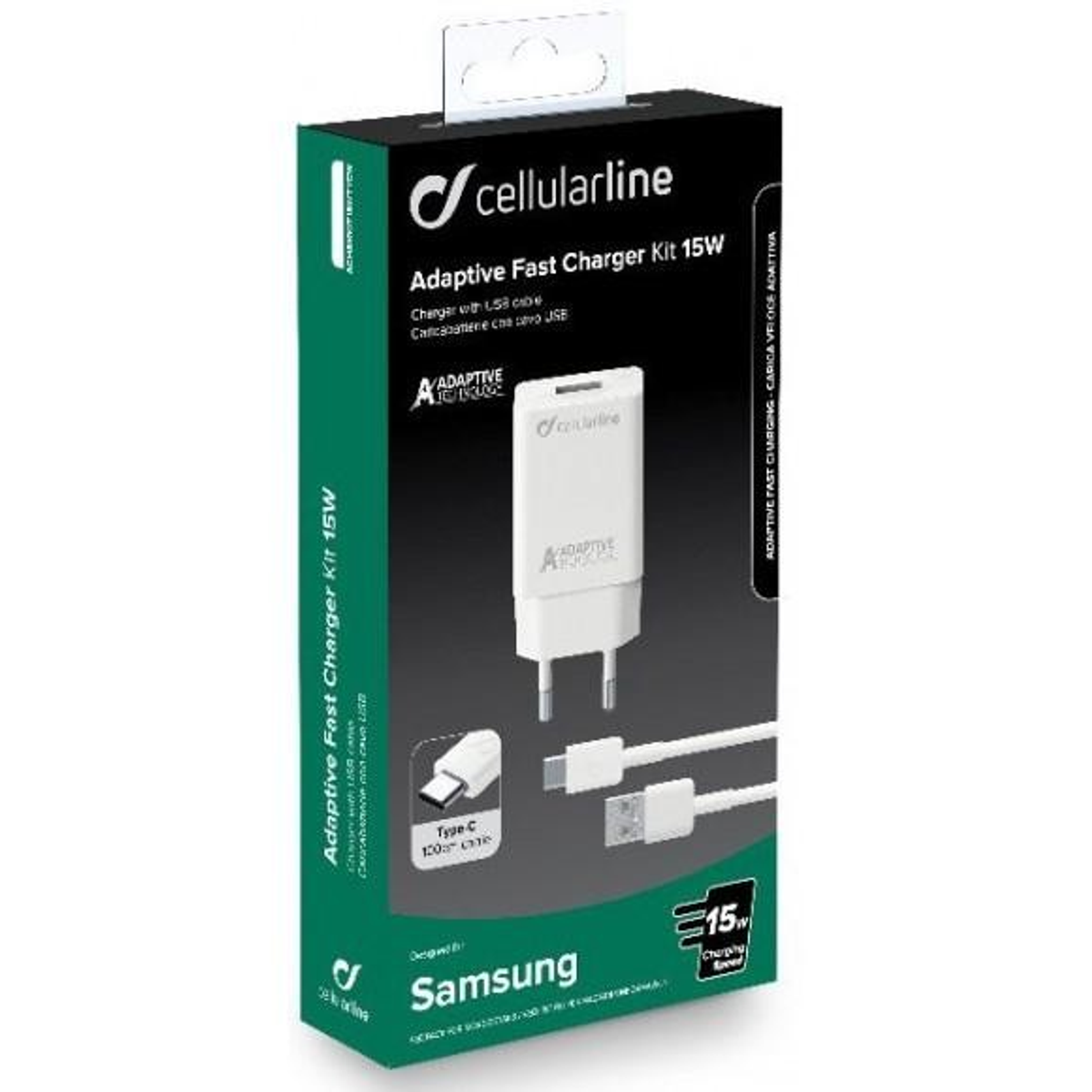 A boxed Samsung Adaptive Fast Charger Kit. It includes a charger and USB cable.