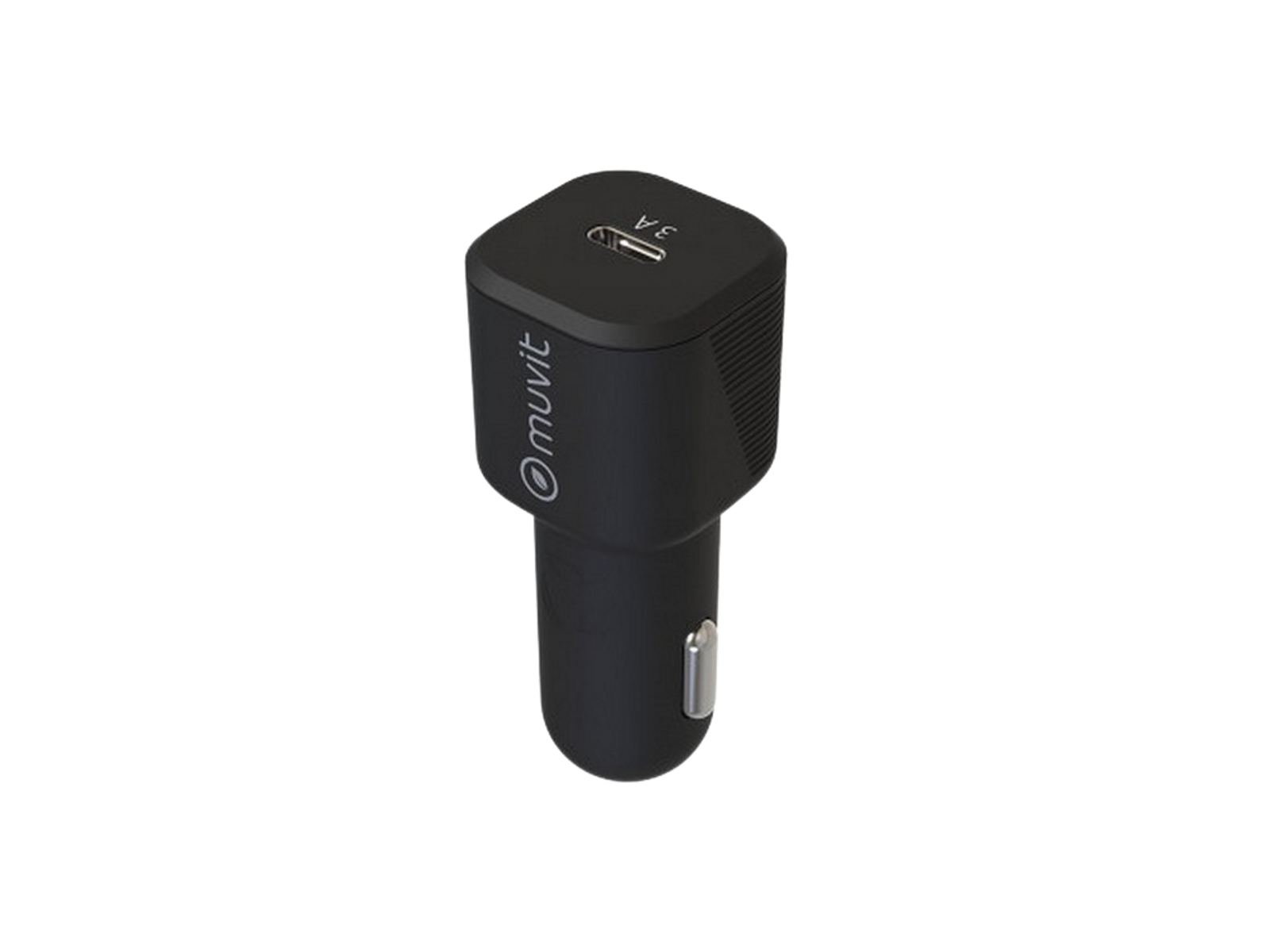 Adaptador de cargador de coche negro con puerto USB-C. Etiqueta Muvit. Fondo negro.